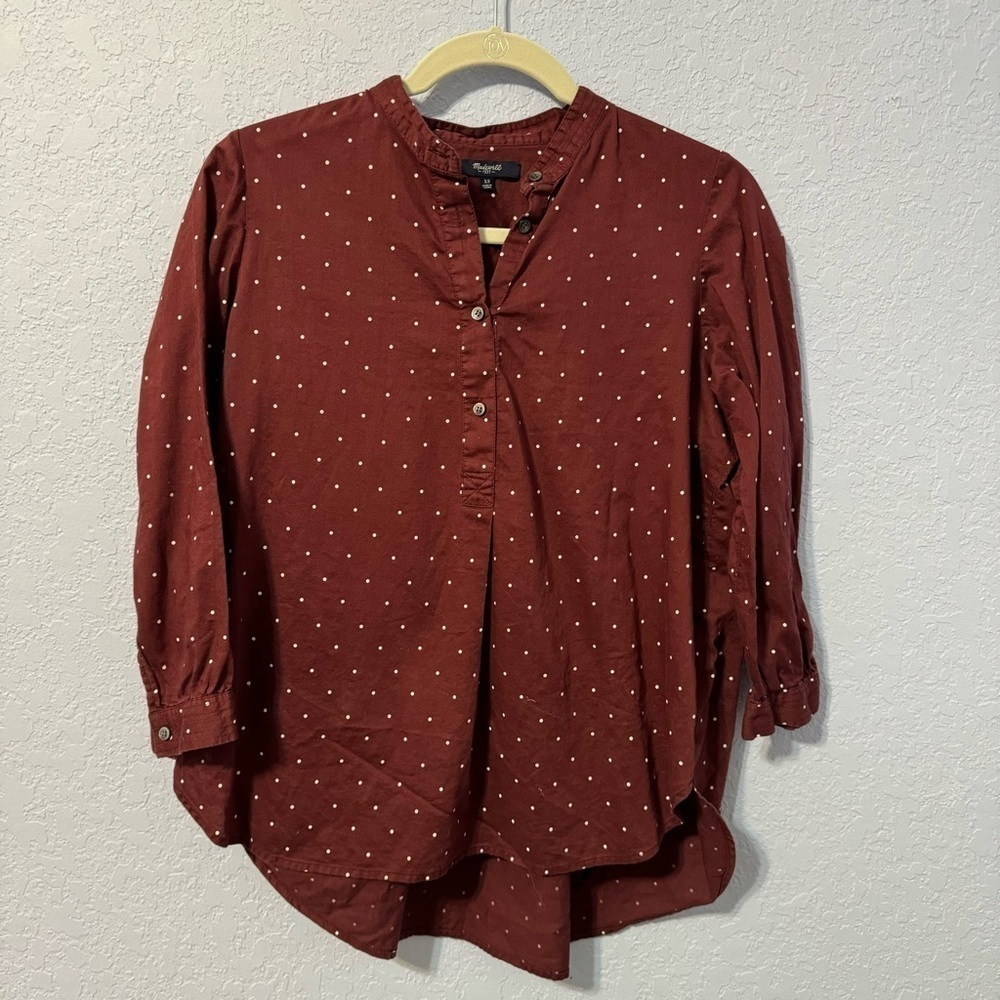 Madewell 100% Cotton Popover Burgundy And White Polka Dot Hi Low 3/4 Sleeves Top